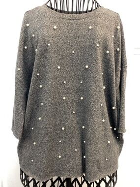 Gray Pearl-Embellished Women's Top Size L